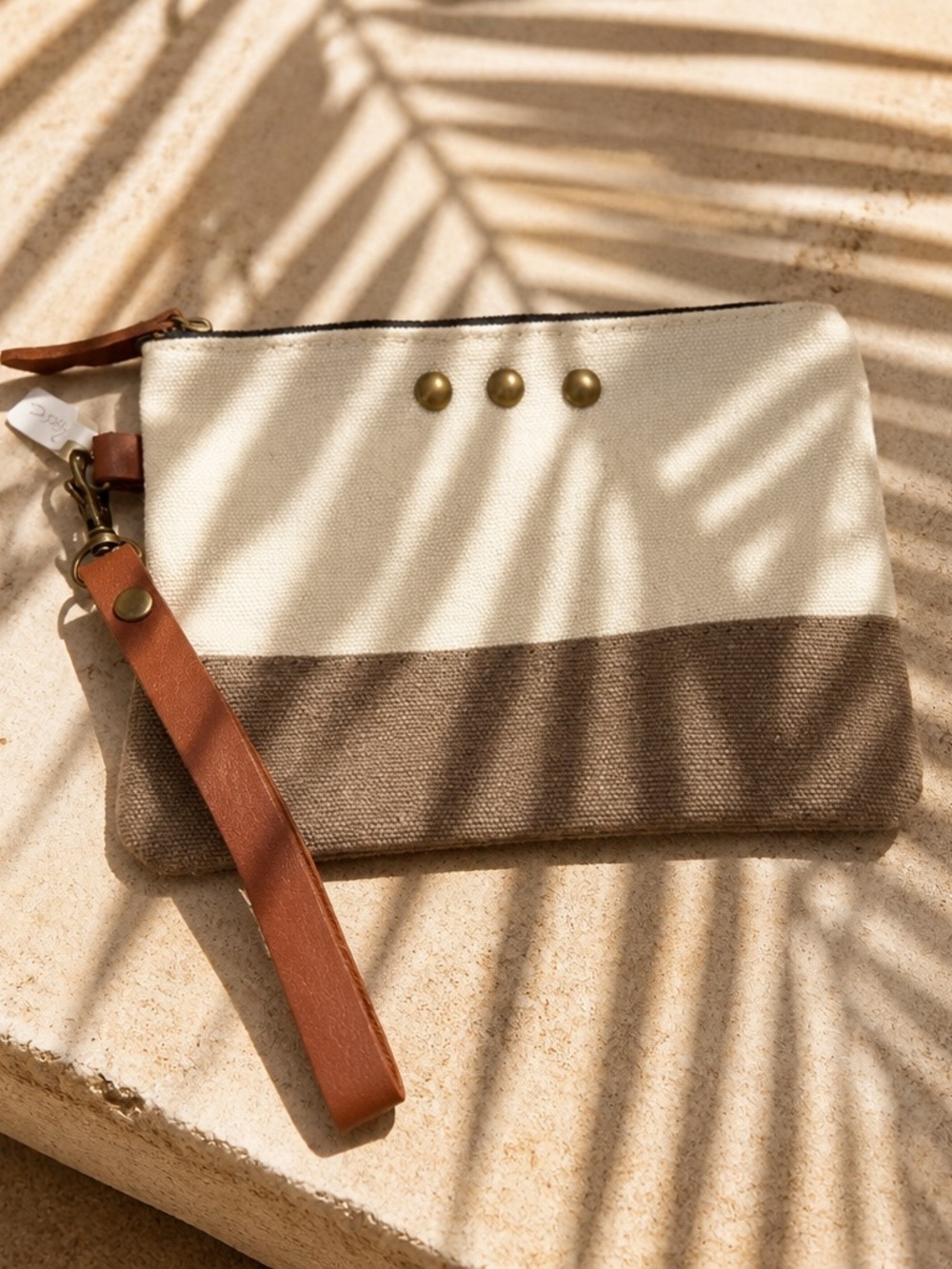Canvas Two-Tone Wristlet Clutch in Cream and Brown
